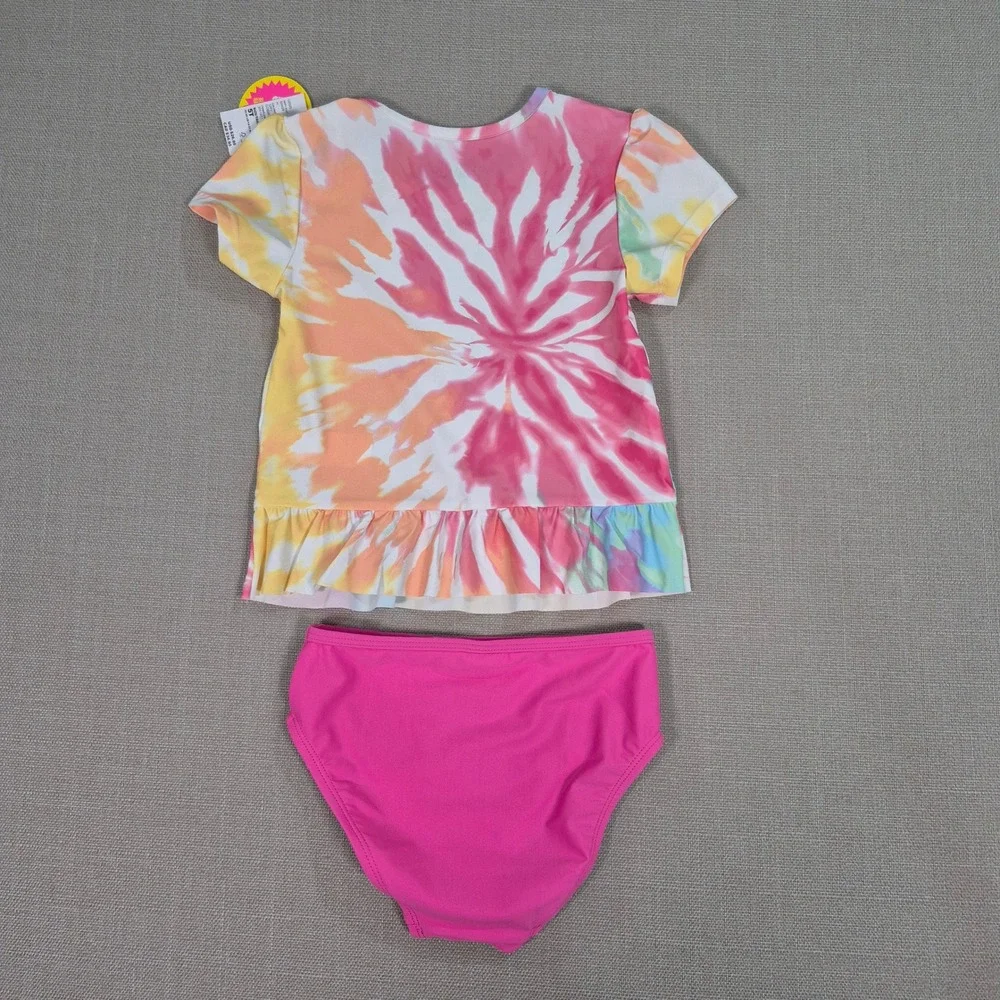 The Childrens Place Girls Tie Dye Peplum Rash Guard Swimsuit Set Pink 5T NEW